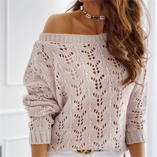 Damen Off-Shoulder Strickpullover mit floralem Lochmuster EB