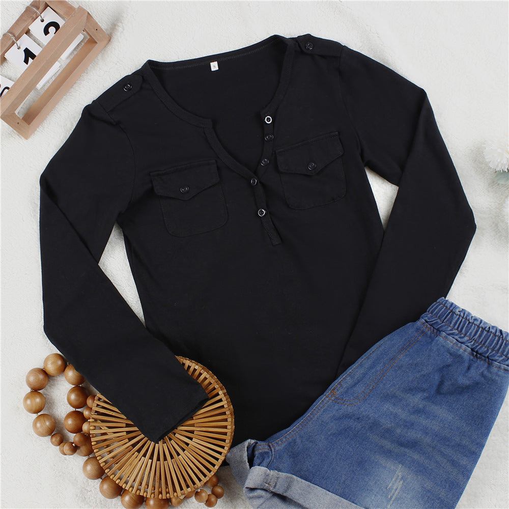 Damen Langarmshirt mit Knopfleiste und aufgesetzten Taschen EB
