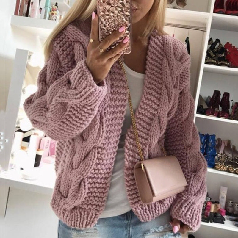 Damen gestrickte Oversized-Jacke mit Zopf-Muster und lässiger Passform EB
