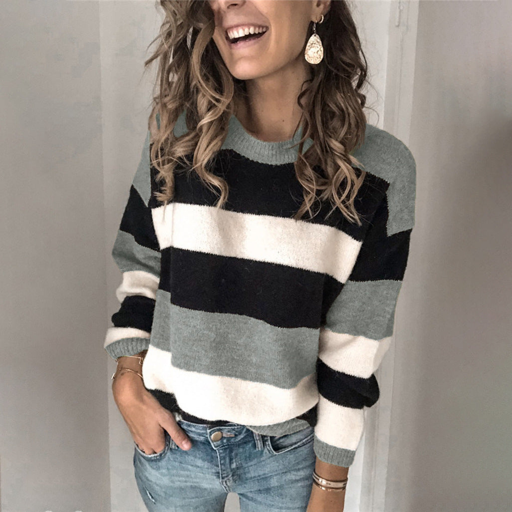 Damen Modischer Strickpullover mit blockartigem Streifenmuster und lässigem Schnitt EB