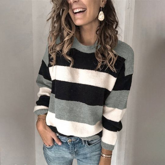 Damen Modischer Strickpullover mit blockartigem Streifenmuster und lässigem Schnitt EB