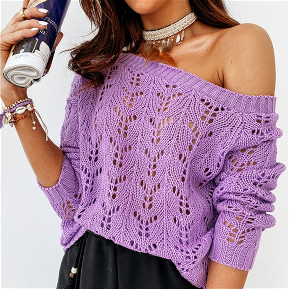 Damen Off-Shoulder Strickpullover mit floralem Lochmuster EB