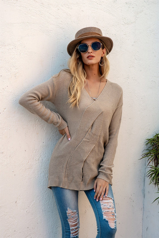 EB | Übergröße Passform Gestrickte Textur Off Shoulder Drapierter Vordergrund