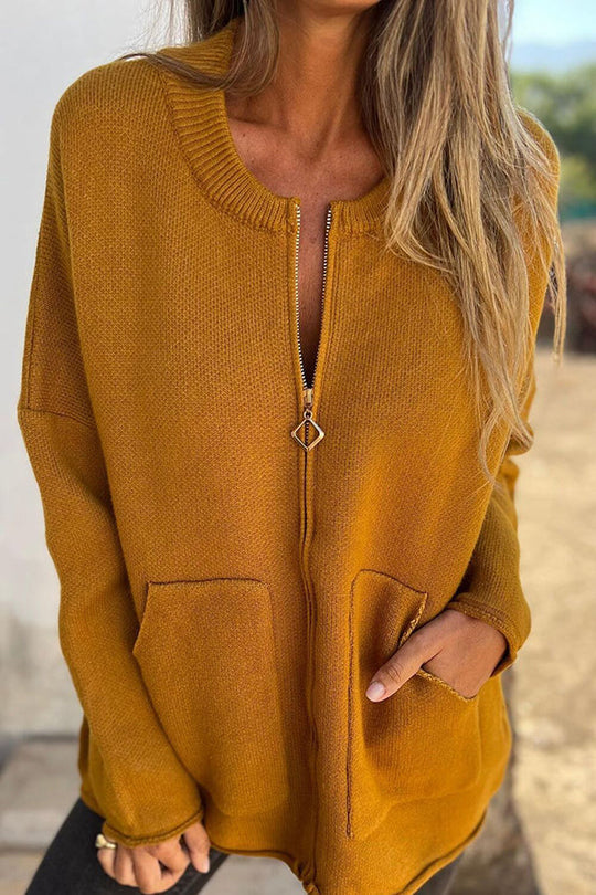 EB | Farbe Rundhalsausschnitt Langarm Freizeit Reißverschluss Tasche Strickjacke