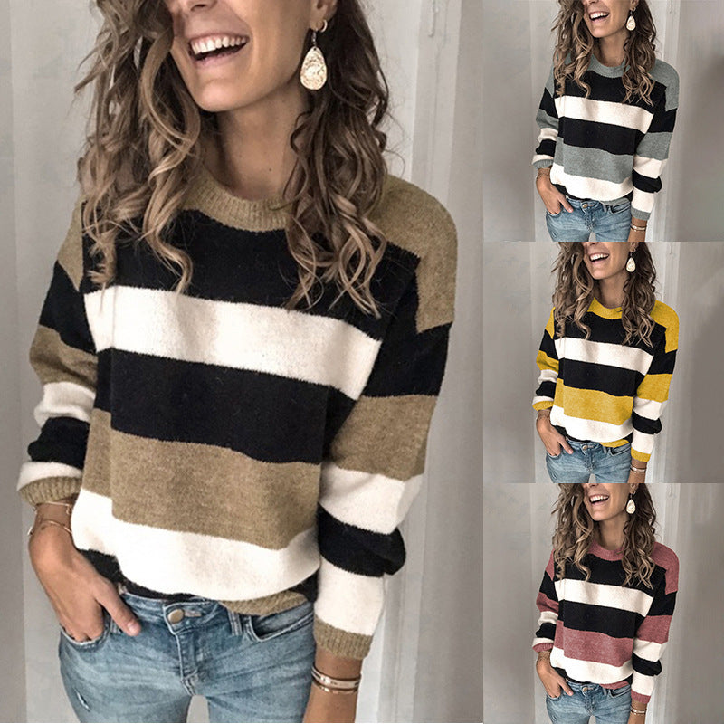 Damen Modischer Strickpullover mit blockartigem Streifenmuster und lässigem Schnitt EB