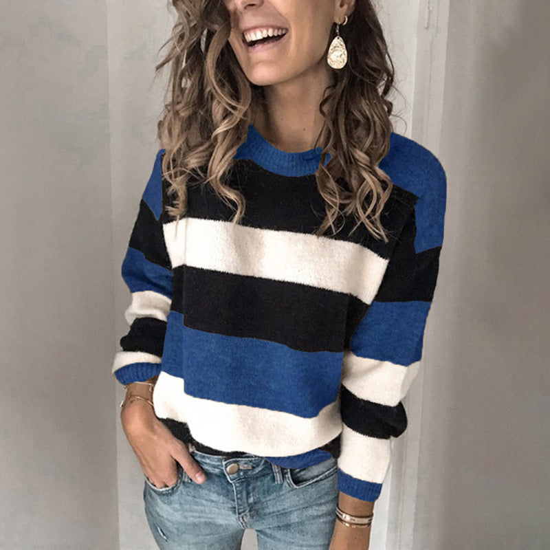 Damen Modischer Strickpullover mit blockartigem Streifenmuster und lässigem Schnitt EB