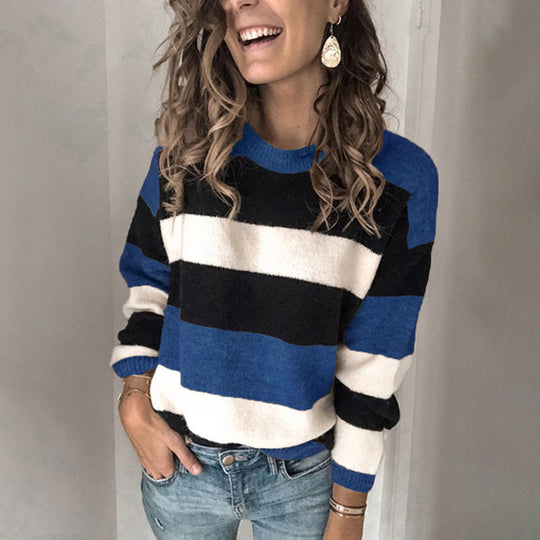 Damen Modischer Strickpullover mit blockartigem Streifenmuster und lässigem Schnitt EB