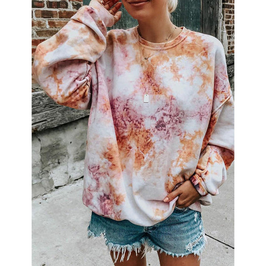 Damen lässiger Sweatshirt mit buntem Batik-Muster EB