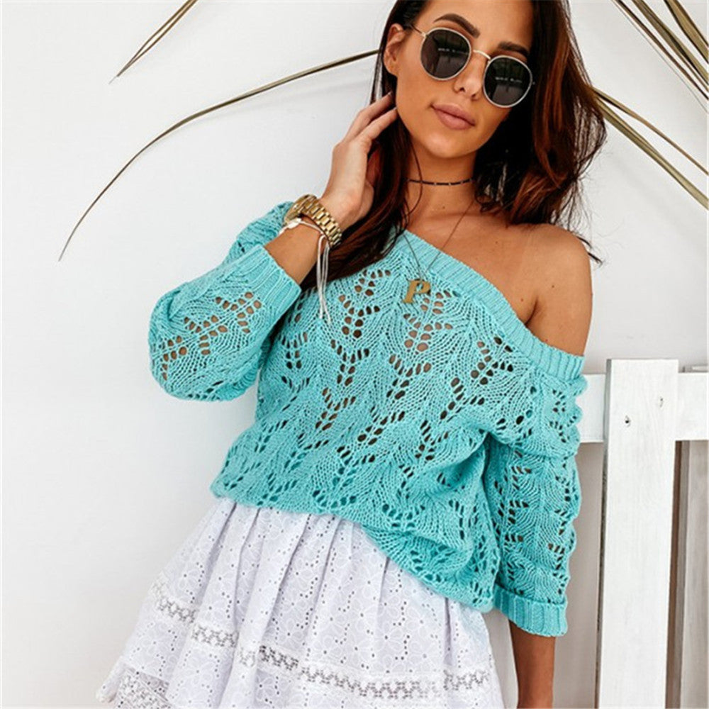 Damen Off-Shoulder Strickpullover mit floralem Lochmuster EB