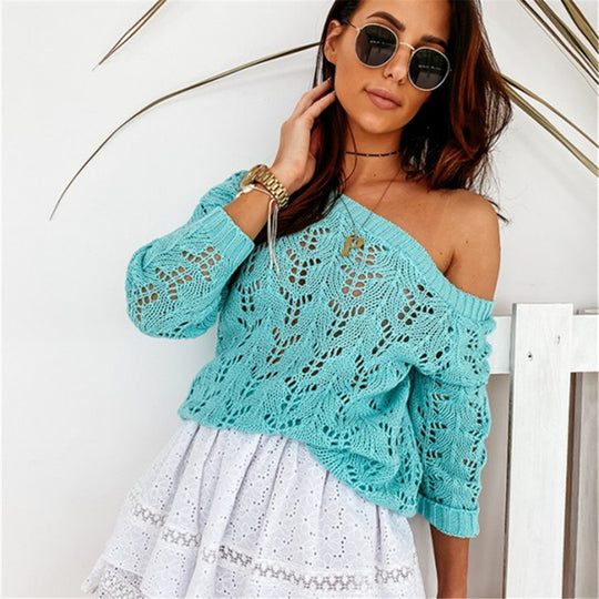 Damen Off-Shoulder Strickpullover mit floralem Lochmuster EB