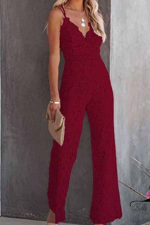 EB | Rosiedress Solide V-Ausschnitt Tailliertes Cami Spitzen-Overall