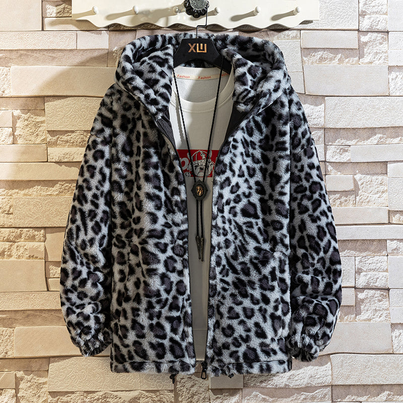 EB Herren-Fleecejacke mit Kapuze und Leopardenmuster