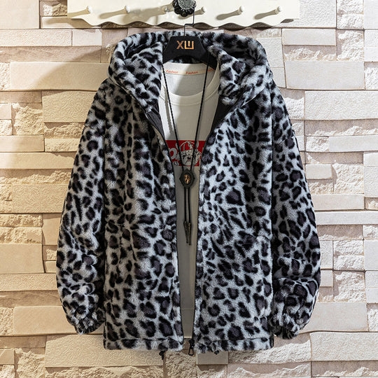 EB Herren-Fleecejacke mit Kapuze und Leopardenmuster