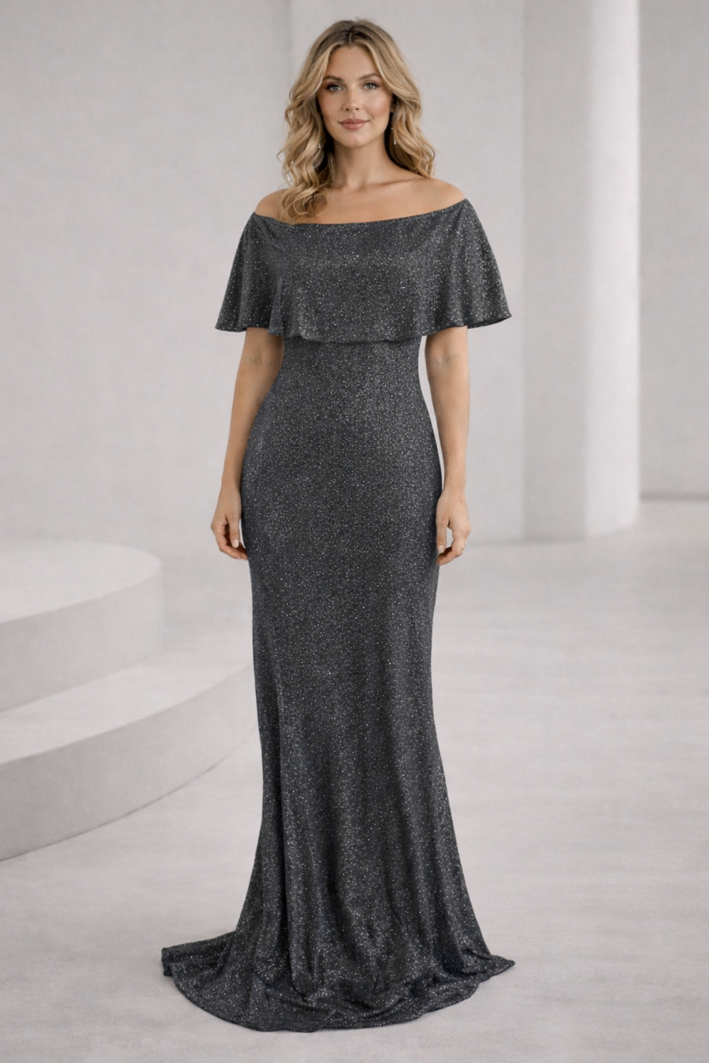 Damen Elegantes und funkelndes Abendensemble mit Off-Shoulder-Design und weitem Bein EB