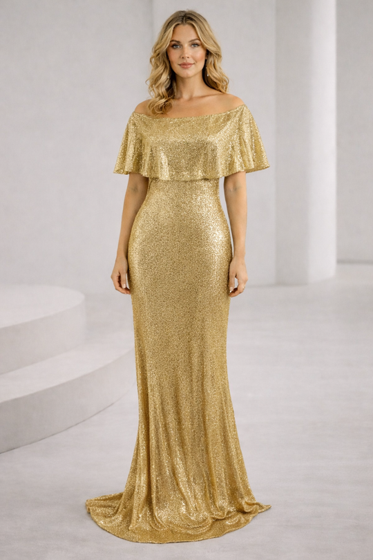 Damen Elegantes und funkelndes Abendensemble mit Off-Shoulder-Design und weitem Bein EB