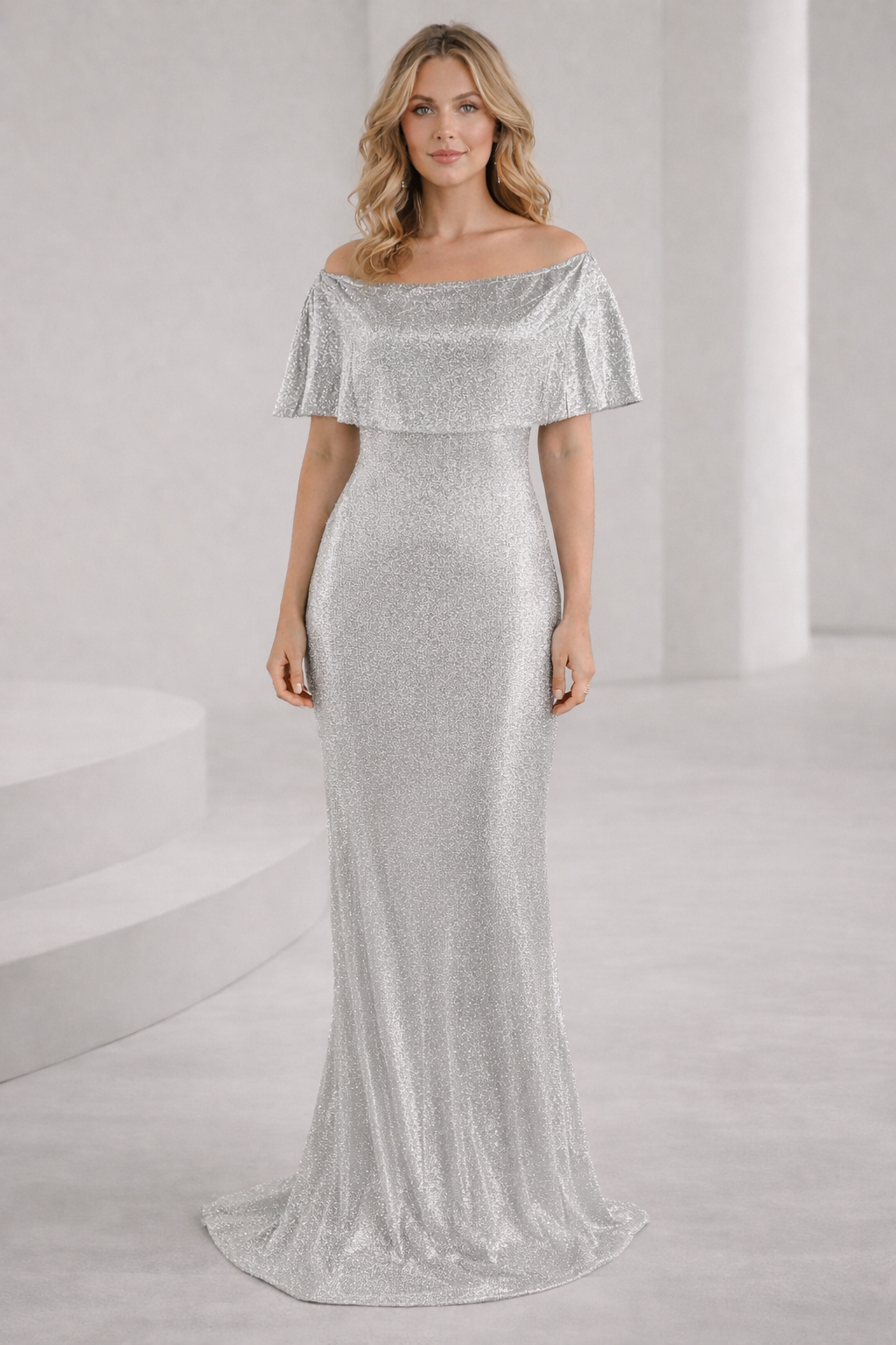 Damen Elegantes und funkelndes Abendensemble mit Off-Shoulder-Design und weitem Bein EB