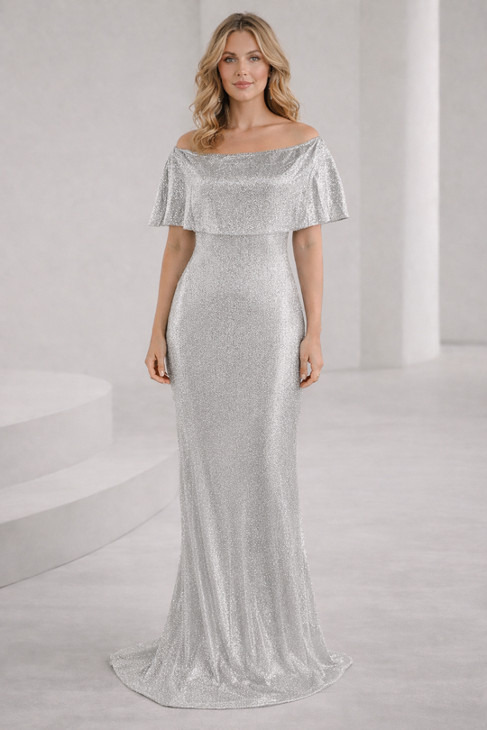 Damen Elegantes und funkelndes Abendensemble mit Off-Shoulder-Design und weitem Bein EB