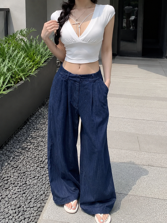 Damen kurzarm Crop-Top mit tiefem V-Ausschnitt und raffiniertem Schnitt
