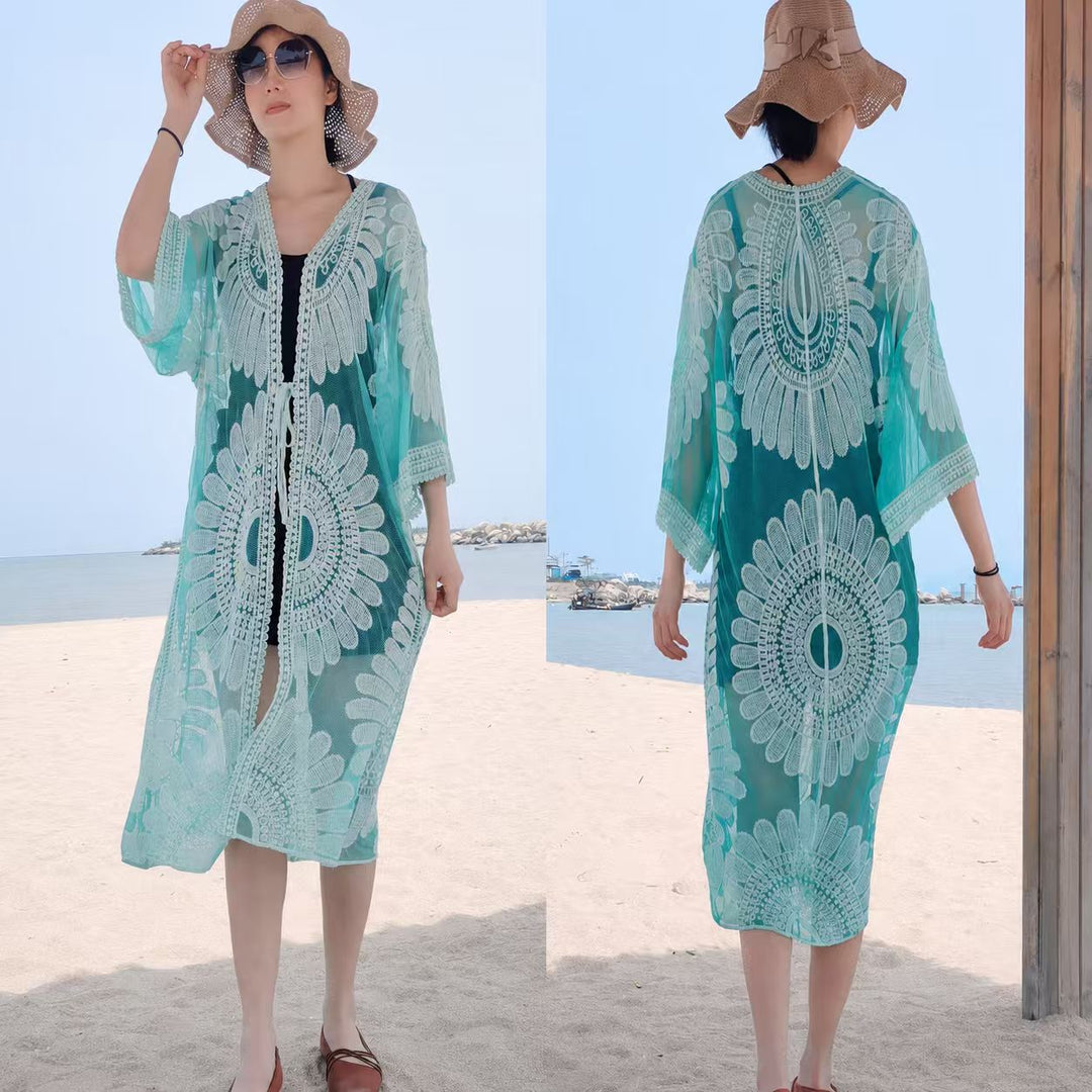 Gehäkelter Strand-Sonnenschutz-Cardigan mit hohler Spitze für Damen
