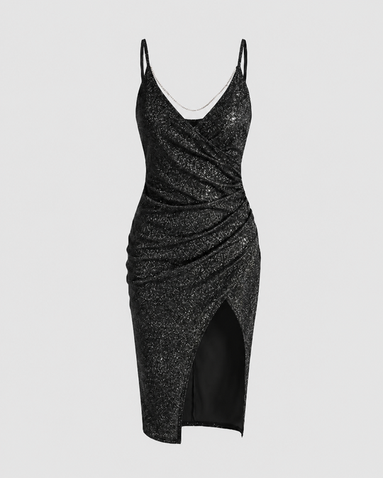 Damen Mini-Abendkleid Wickeloptik Beinschlitz Raffung