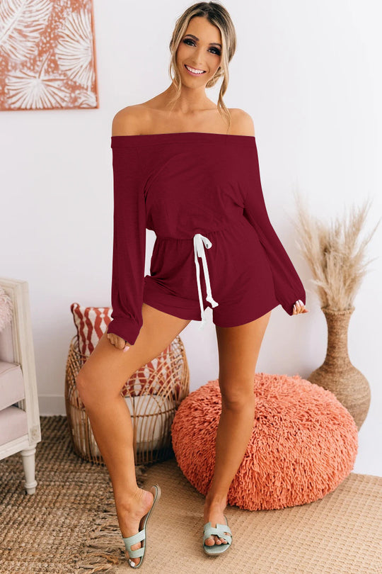 Damen bequeme Off-Shoulder Jumpsuit mit Kordelzug EB