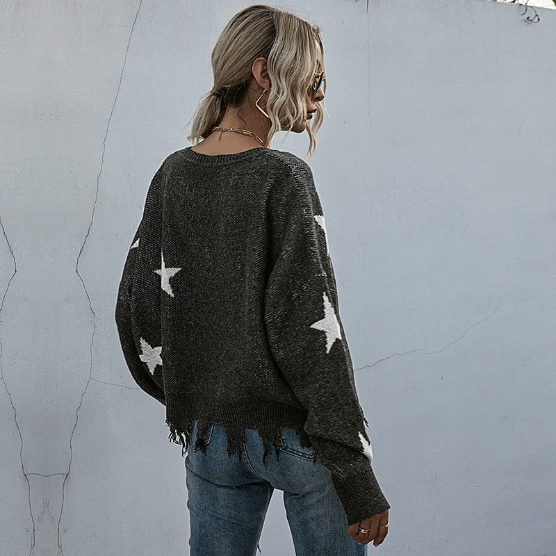 Damen lässiger Strickpullover mit asymmetrischem Schnitt und Sternenmuster EB