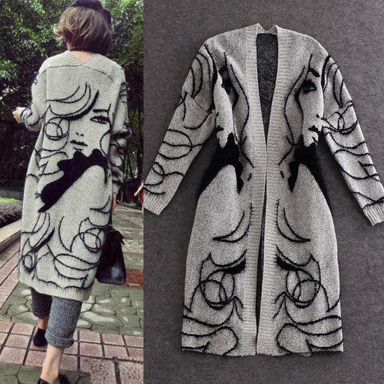 Damen Lange Strickjacke mit kunstvollem Muster EB