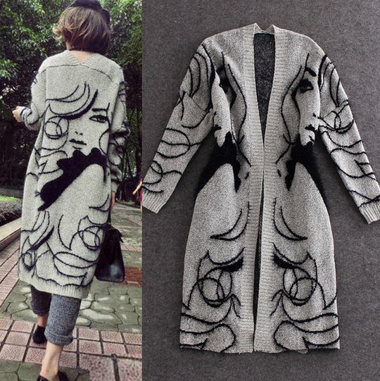 Damen Lange Strickjacke mit kunstvollem Muster EB