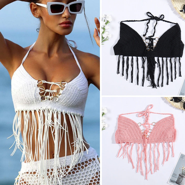 Damen Häkel-Bikini-Oberteil mit Fransen und dekorativen Ringen EB