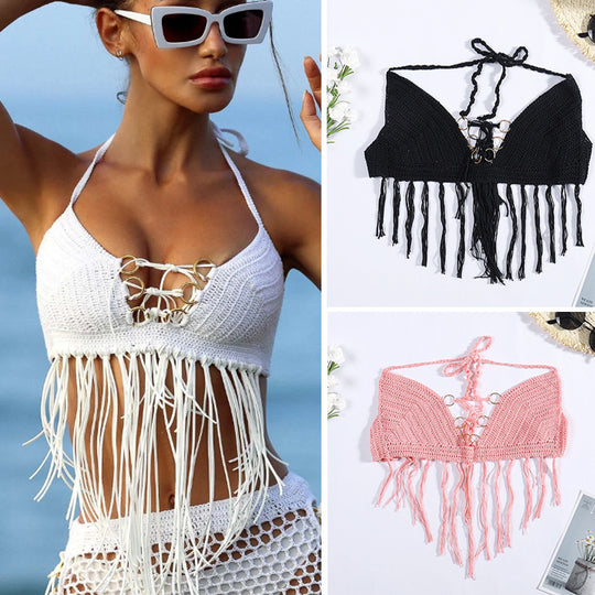 Damen Häkel-Bikini-Oberteil mit Fransen und dekorativen Ringen EB
