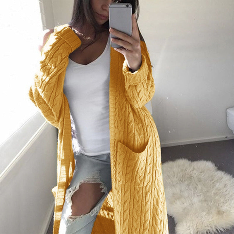 Damen gemusterter Strickmantel mit praktischen Taschen und offenem Schnitt EB