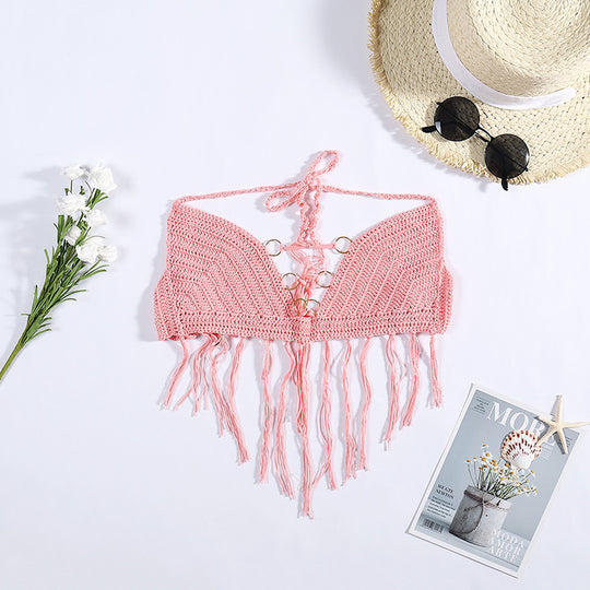 Damen Häkel-Bikini-Oberteil mit Fransen und dekorativen Ringen EB