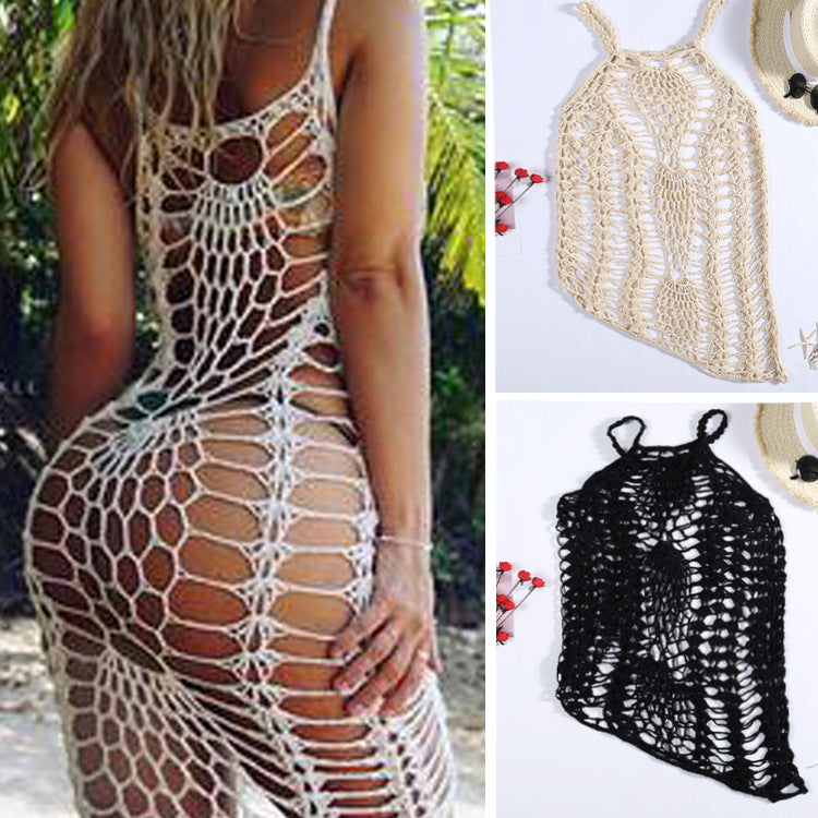Damen Netz-Strandkleid mit ausgefallenen Lochmustern und tiefem Ausschnitt EB