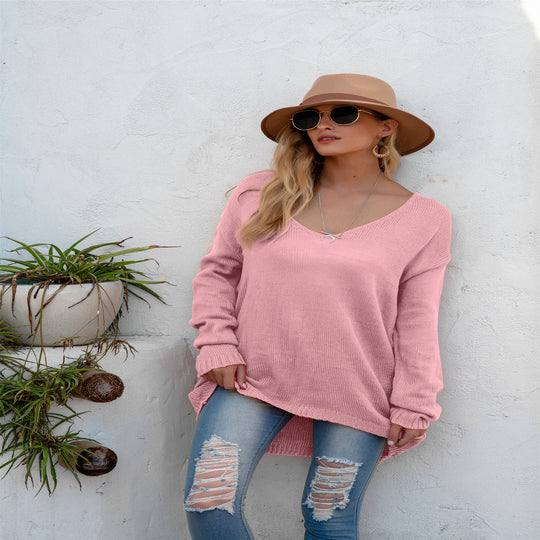 Damen lässiger V-Pullover aus luftiger Strickstruktur EB