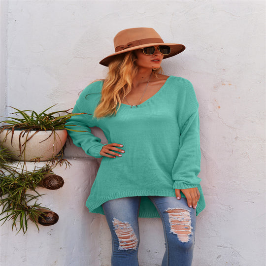 Damen lässiger Strickpullover mit tiefem V-Ausschnitt und langen Ärmeln EB