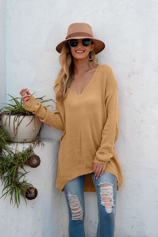 Damen lässiger V-Pullover aus luftiger Strickstruktur EB