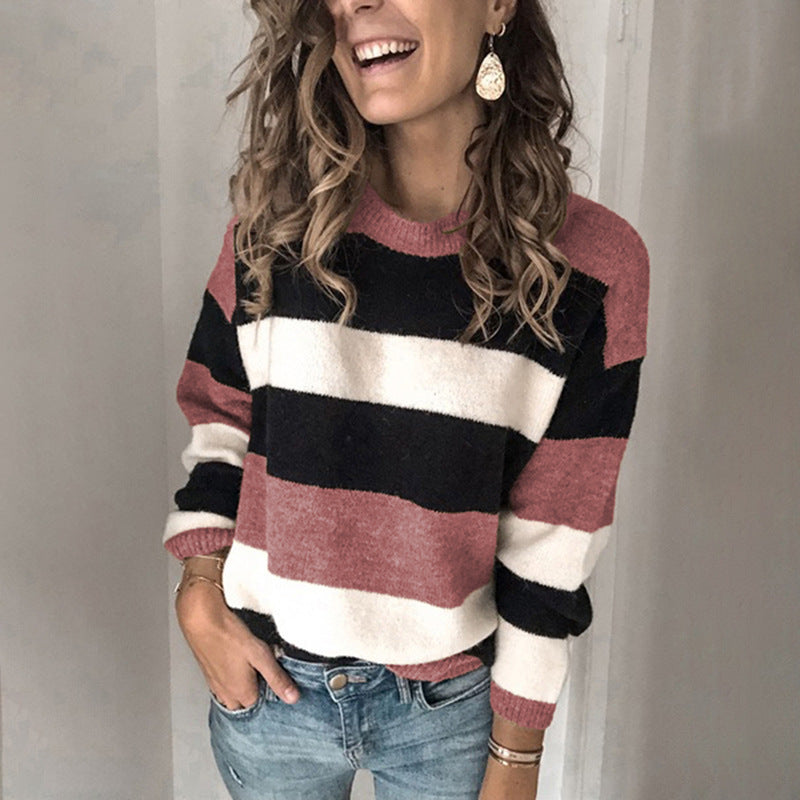 Damen Modischer Strickpullover mit blockartigem Streifenmuster und lässigem Schnitt EB