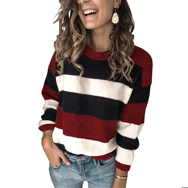 Damen Modischer Strickpullover mit blockartigem Streifenmuster und lässigem Schnitt EB