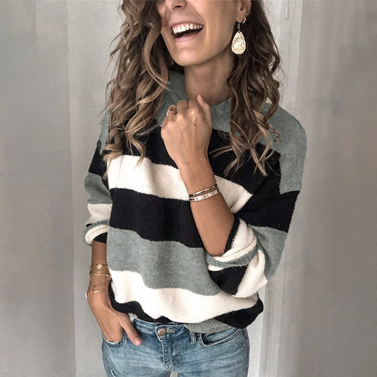 Damen Modischer Strickpullover mit blockartigem Streifenmuster und lässigem Schnitt EB