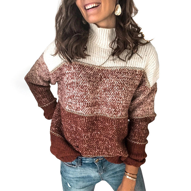 Damen Grobstrickpullover mit hohem Kragen und mehrfarbigem Muster EB