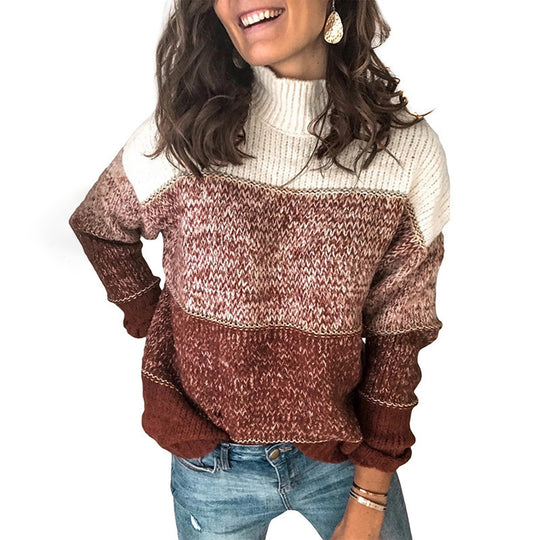 Damen Grobstrickpullover mit hohem Kragen und mehrfarbigem Muster EB