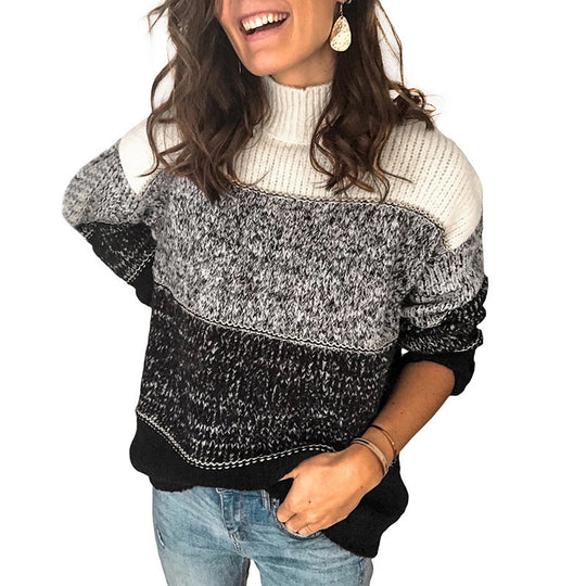 Damen Grobstrickpullover mit hohem Kragen und mehrfarbigem Muster EB