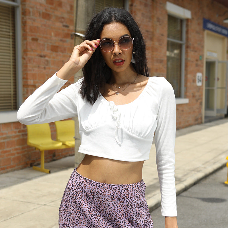 Damen figurbetontes Crop-Top mit gerafftem Bustier, U-Boot-Ausschnitt und langen Ärmeln Eichborn Berlin