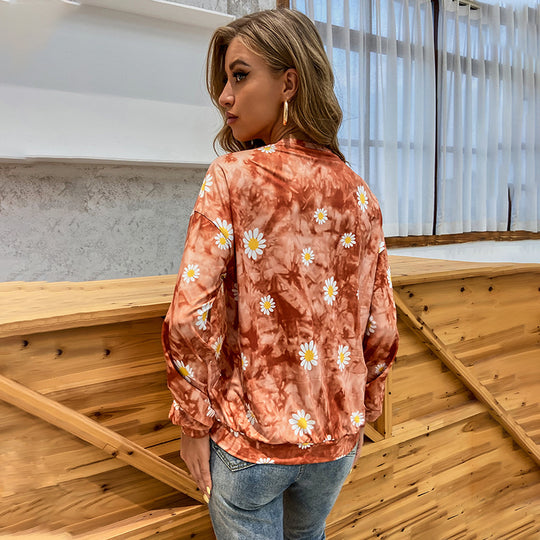 Damen locker geschnittenes Sweatshirt mit Gänseblümchen‑Print Batik‑Optik und Kängurutasche Eichborn Berlin