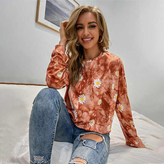 Damen locker geschnittenes Sweatshirt mit Gänseblümchen‑Print Batik‑Optik und Kängurutasche Eichborn Berlin