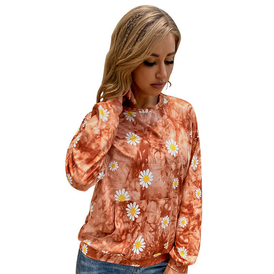 Damen locker geschnittenes Sweatshirt mit Gänseblümchen‑Print Batik‑Optik und Kängurutasche Eichborn Berlin