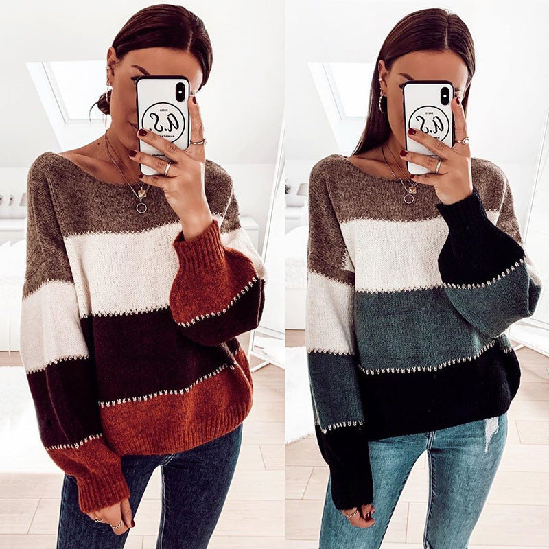 Damen modischer Pullover mit auffälligem Streifenmuster und lässigem Schnitt EB