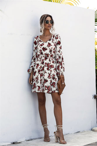 Damen Freizeitkleid mit floralem Design und elegantem V-Ausschnitt EB