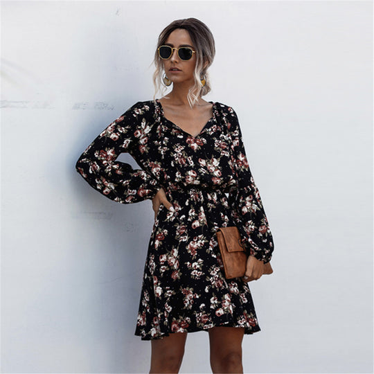 Damen Freizeitkleid mit floralem Design und elegantem V-Ausschnitt EB