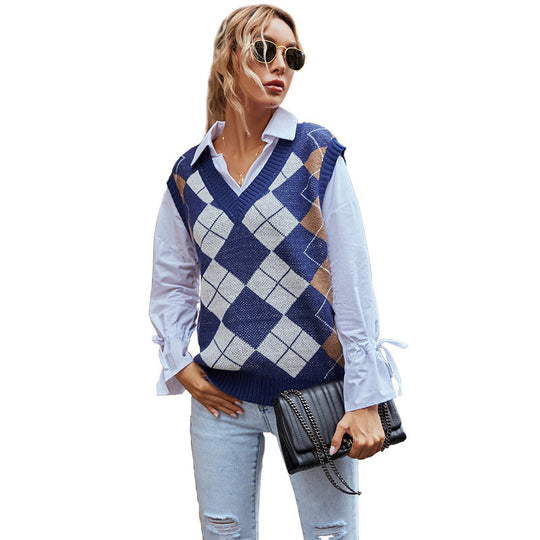 Damen Strickweste mit Rautenmuster und V-Ausschnitt EB